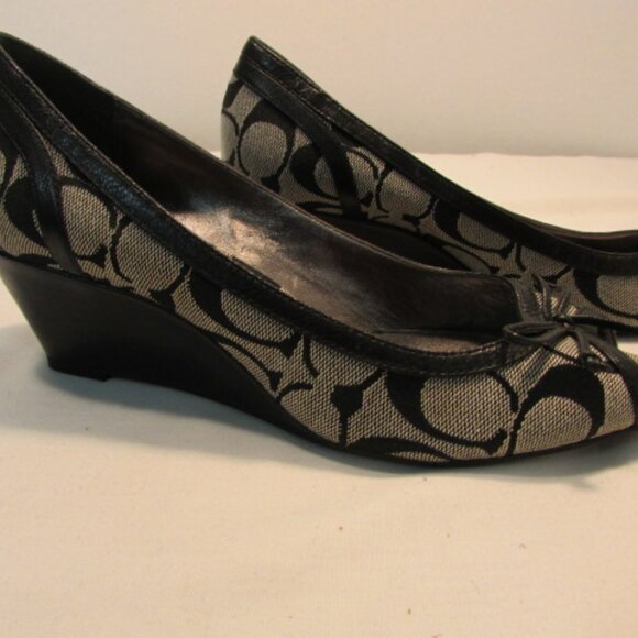 Coach Gavin Black & Grey Signature Canvas Open Toed Wedge Heel - Picture 1 of 13